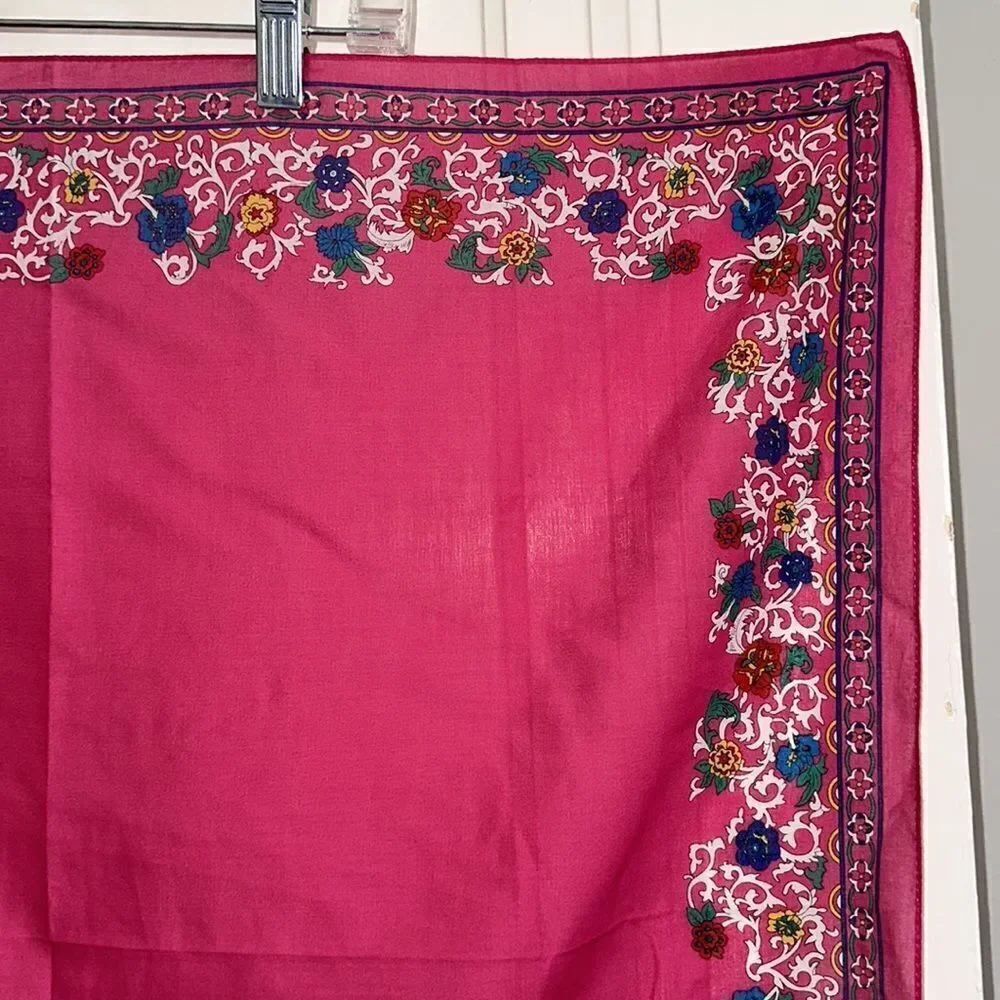Vintage 1987 Ginnie Johansen bright pink cotton square scarf/ paisley border‎